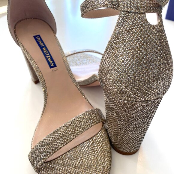 Stuart Weitzman Womens Gold Ankle Strap Glitter  Block Heel - Picture 3 of 5